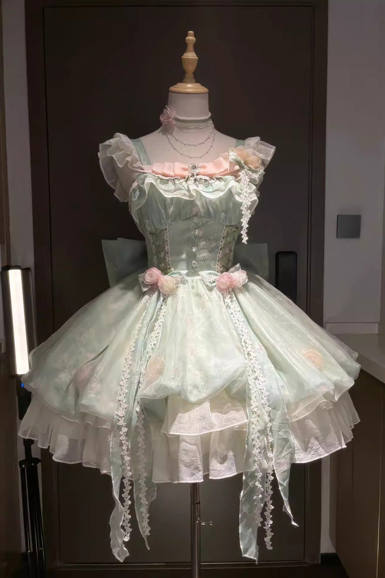Emerald Flower Fairy Forest Garden Print Frill Bow Lace Gown
