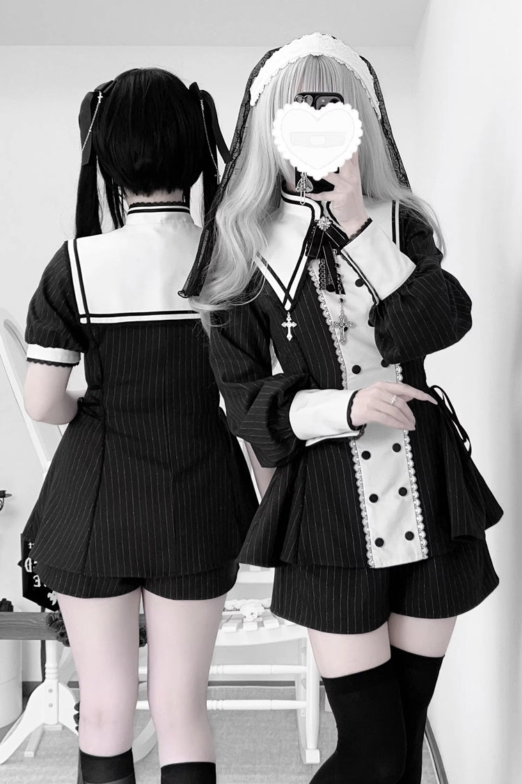 Offbeat Confession Printed Ruffled Bow Gothic Jirai Kei Dress Shorts Set