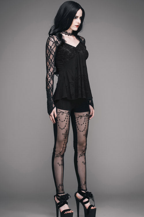Gothic Mesh Tee with Rose Lace Trim and V-Neck