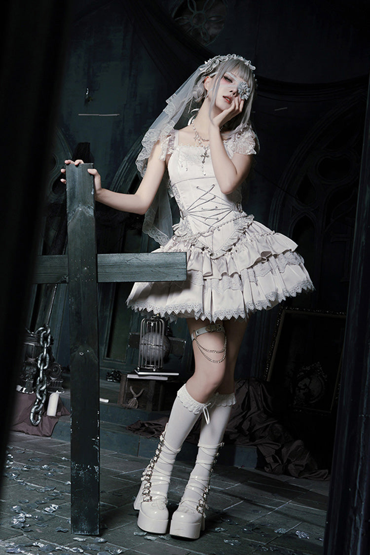 Bionic Doll Square Collar Gothic Lolita Corset Set with Multi-Layer Ruffles, Short Skirt