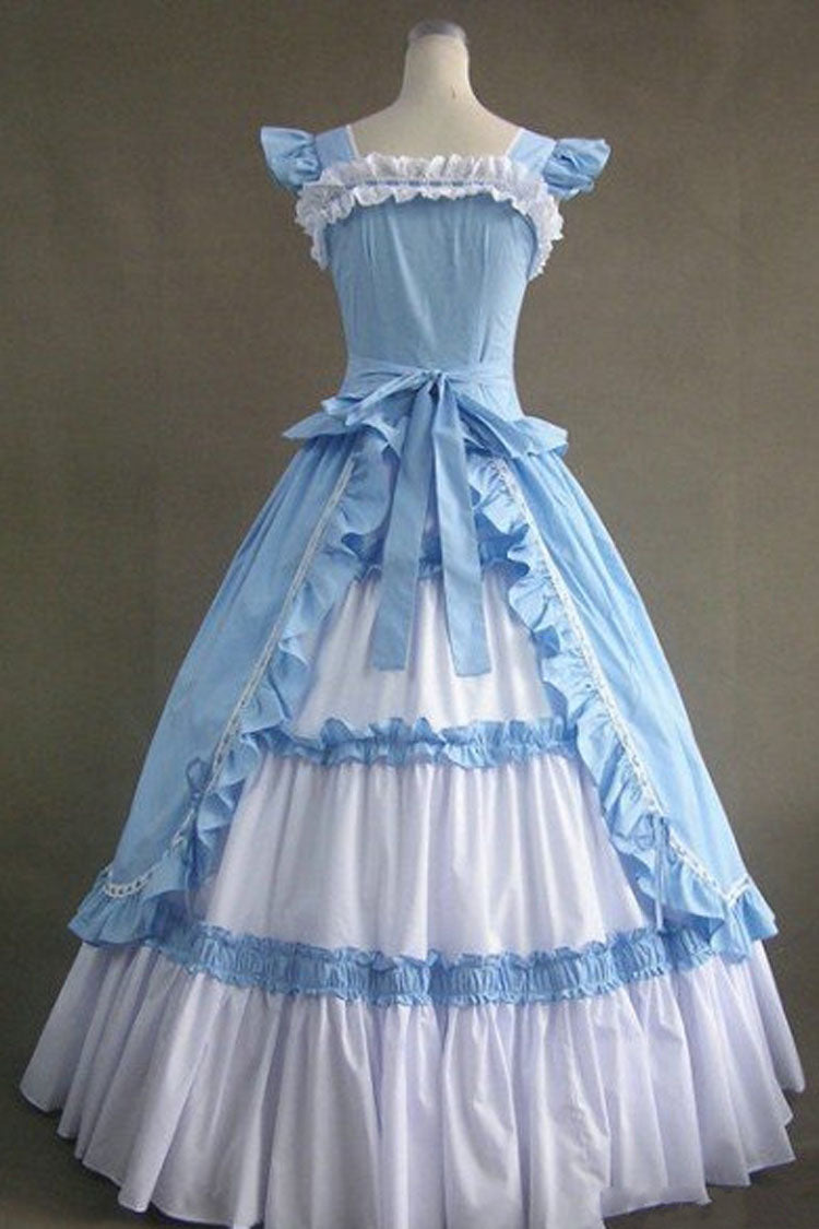 Blue Cotton Victorian Lolita Dress Square Collar Cap Sleeves Ruffled - Altfashion Shop