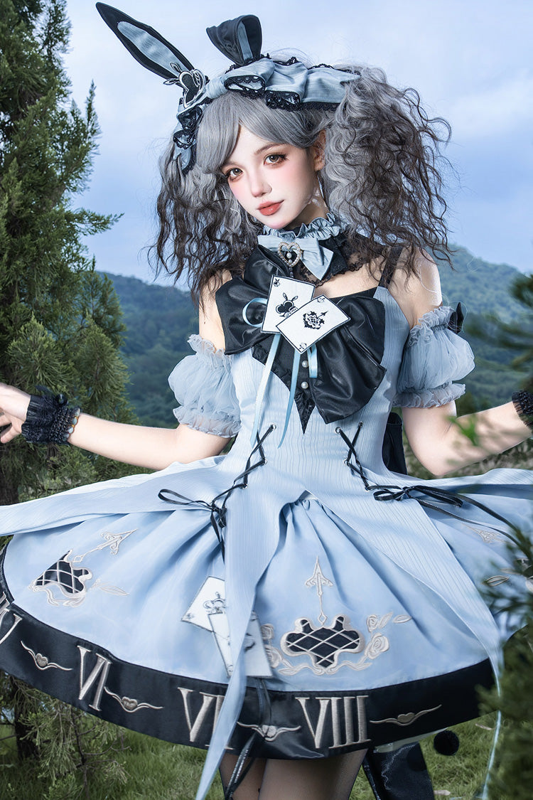 Blue Sleeveless Gothic Lolita JSK Dress Jacquard Ruffled Lace-Up - The Clock Rabbit's Card Game