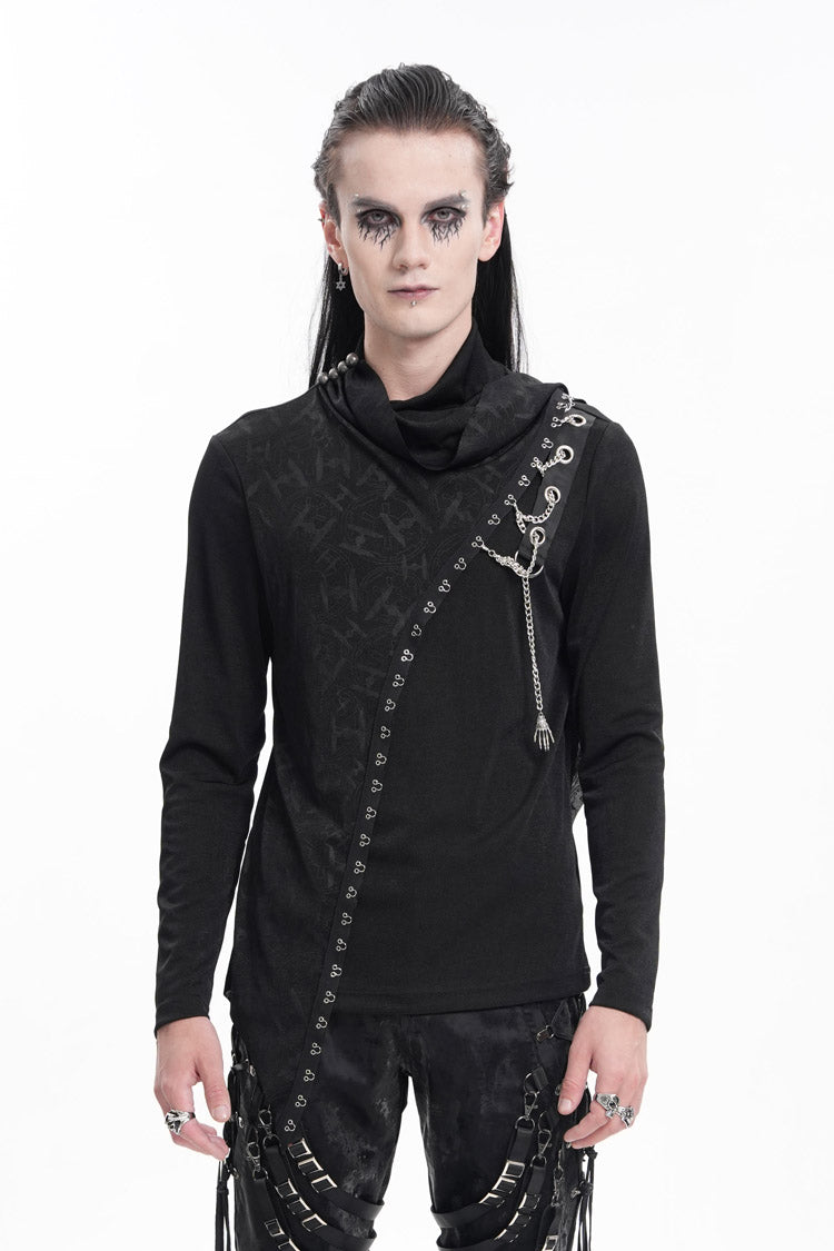Men's Gothic Sweatshirt with Chain Print and Asymmetric Stitch