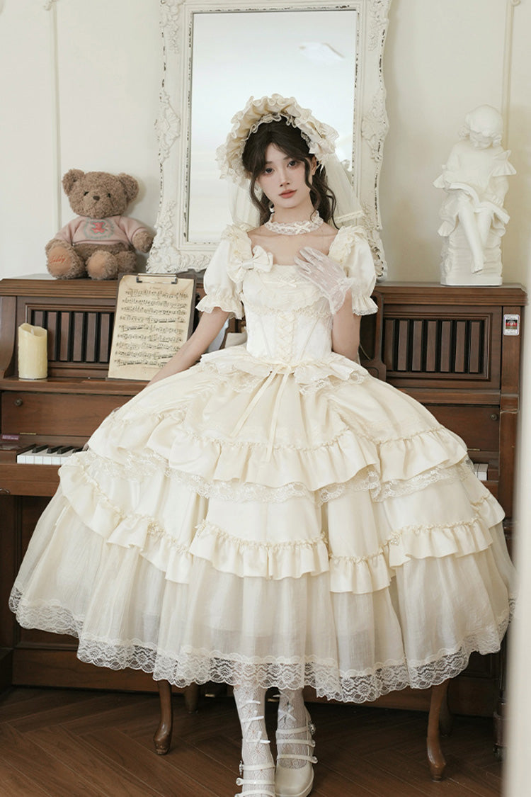 Ivory Square Neck Ruffle Bridal Bow Elegant Gown
