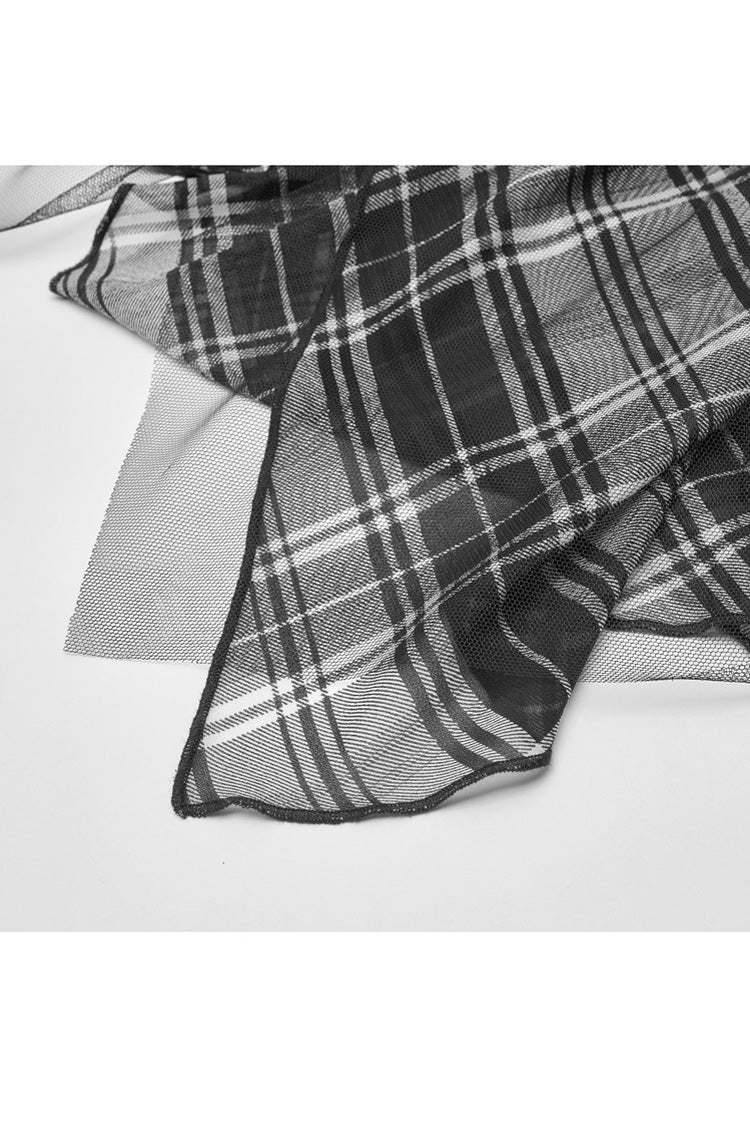 Metal Eyelets Shoulder Strap Irregular Hem Plaid Long Chiffon Punk Slip Dress
