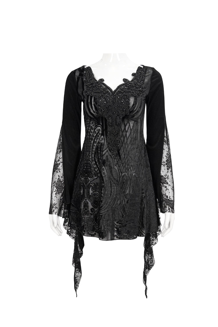 Beaded Lace Floral Gothic Tee with Flared Cuffs