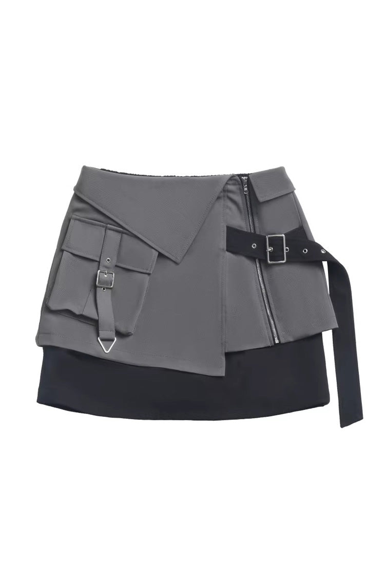 Black Techwear Zip Spliced Gothic Jirai Kei Skirt & Coat Set