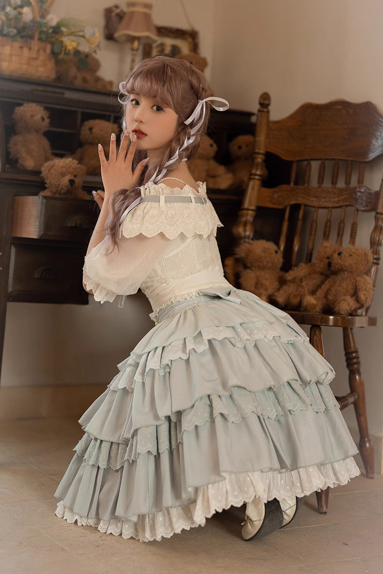 Powder Blue Rose Layered Princess Sweet Lolita Mini Skirt