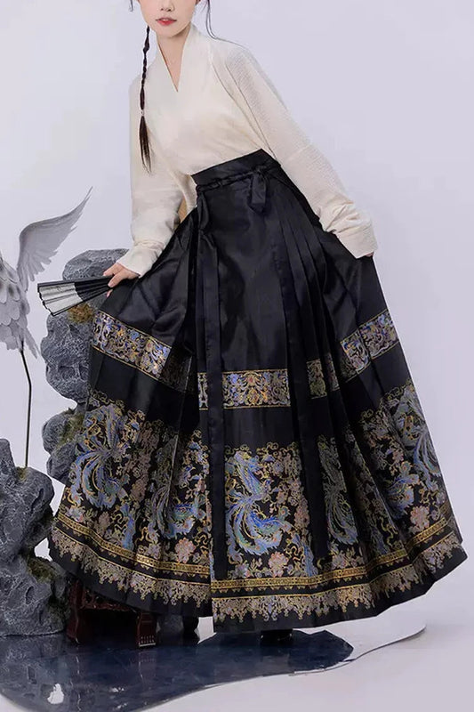 High-Waisted Hanfu Skirt with Chinese Print Pattern
