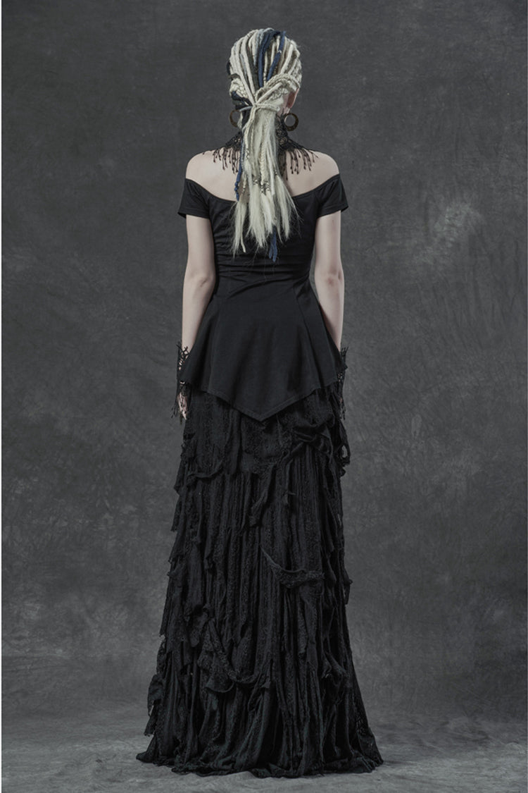 Gothic Tee with Lace Embroidery and Frilled Hem for Women