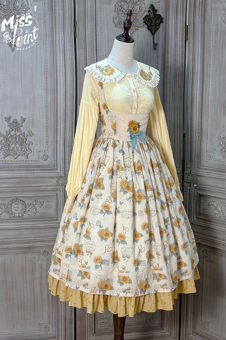 Apricot Sweet Elegant Uplift Lolita JSK Dress with Sleeveless Print Ruffles and Bowknot