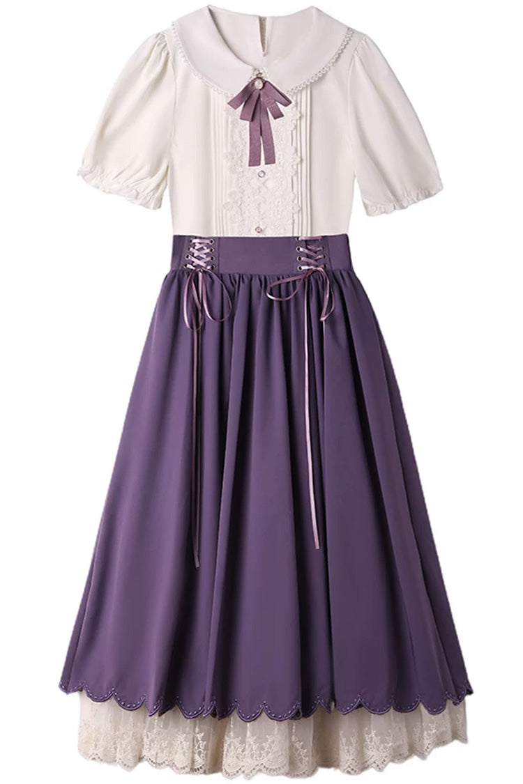 Lapel Collar Short-Sleeve High-Waisted Lace-Up Wave Hem Lolita Two-Piece Set, 7 Colors