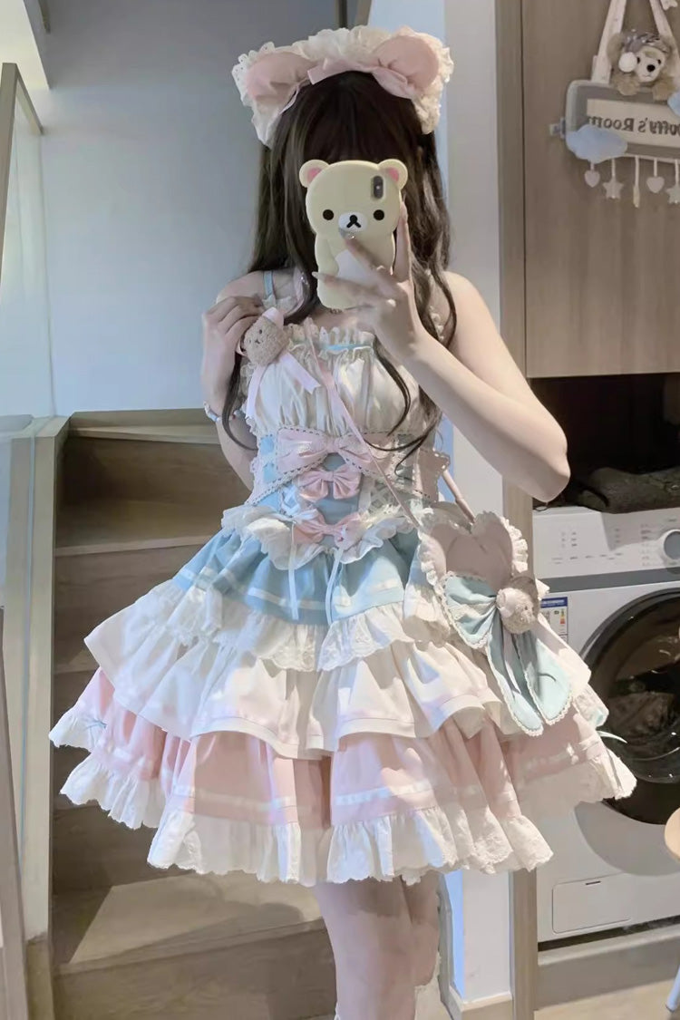 Blue and Pink Sweet Lolita JSK Dress with Multi-Layered Ruffle and Bowknot