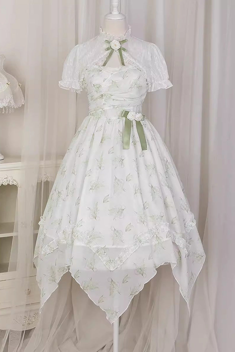 Spring Jacquard Print JSK Dress with Bowknot and Irregular Hem