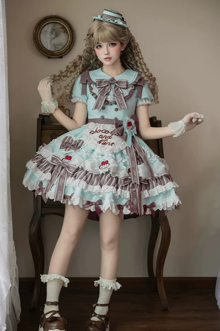 Cherry Mille-Feuille Lapel Collar Short Sleeve Printed Lace Sweet Dress