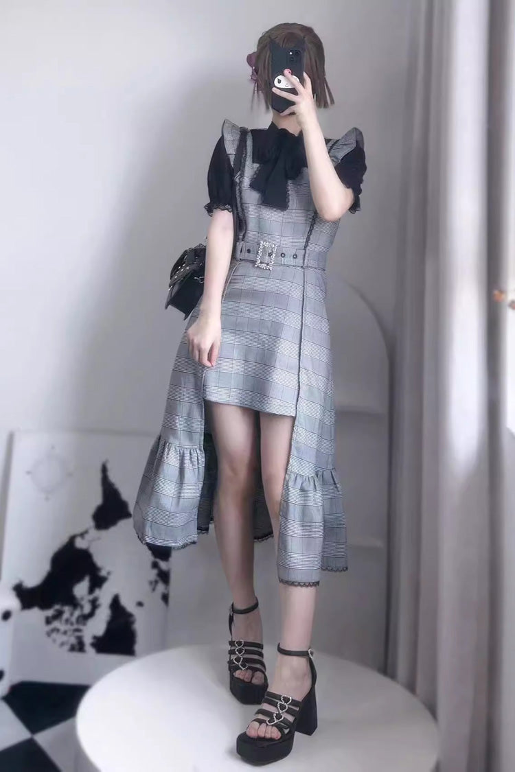 Grey Sleeveless Plaid Print Ruffle Slim Elegant Irregular Jirai Kei Gown