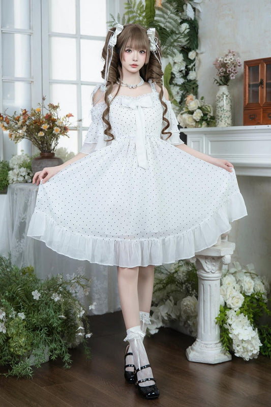 Off Shoulder Short Sleeve Polka Dot Printed Ruffled Bow Lace Palace Dress - White