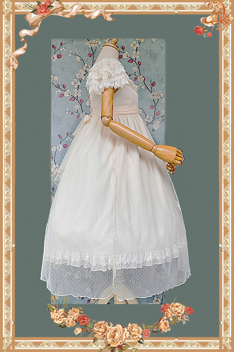 Apricot Elegant Lolita Dress with Polka Dot Print Ruffles Bowknot and Asymmetric Sweet Style