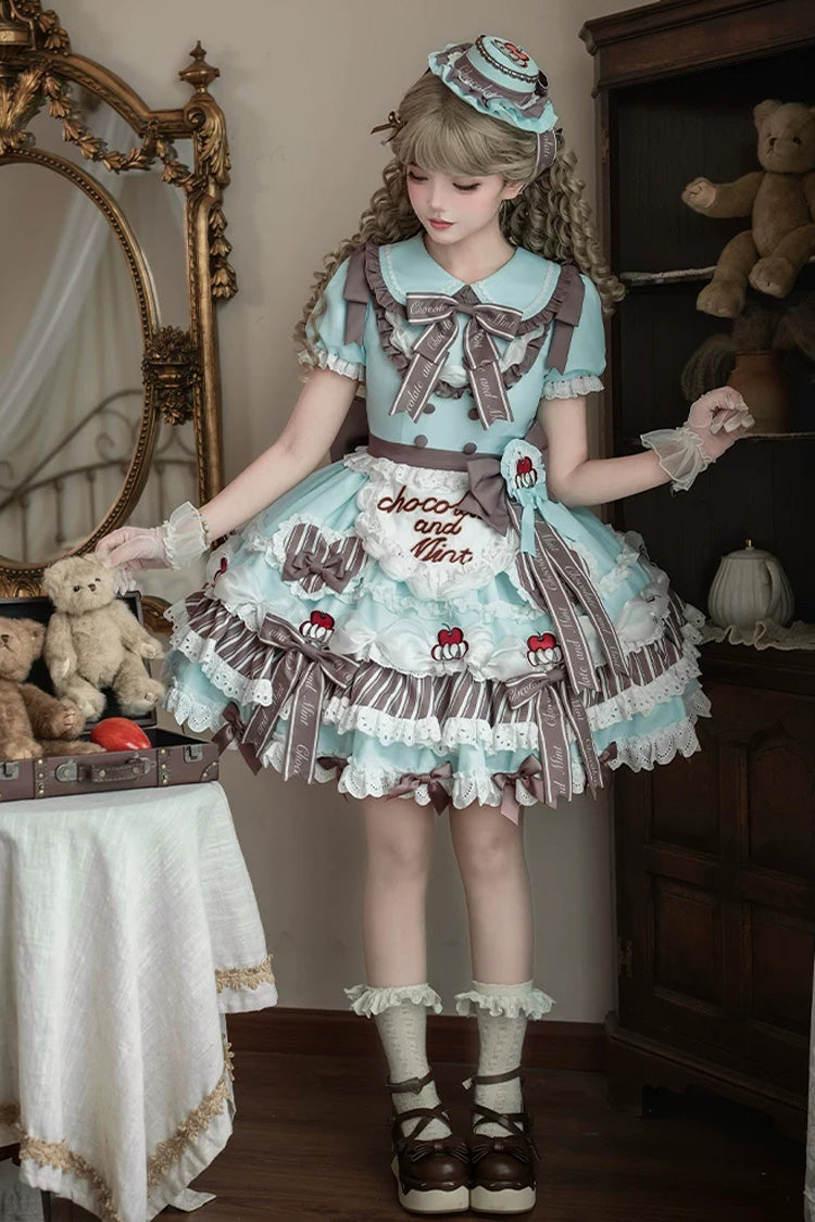 Cherry Mille-Feuille Lapel Collar Short Sleeve Printed Lace Sweet Dress