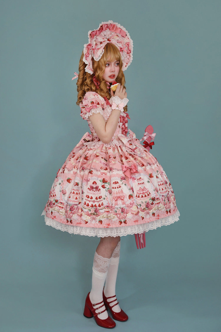 Square Collar Bowknot Lace Sweet Dress with Short Sleeves - Strawberry Cake Bouquet