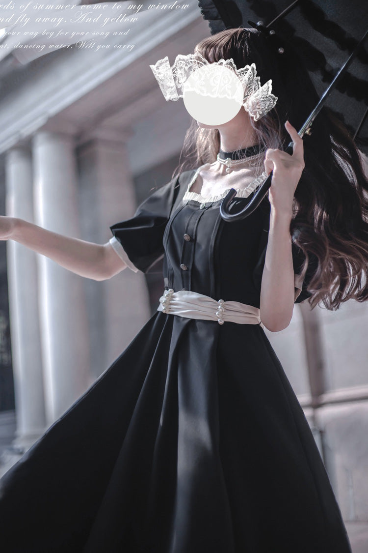 Black Random Thoughts Square Collar Classic Vintage Gown
