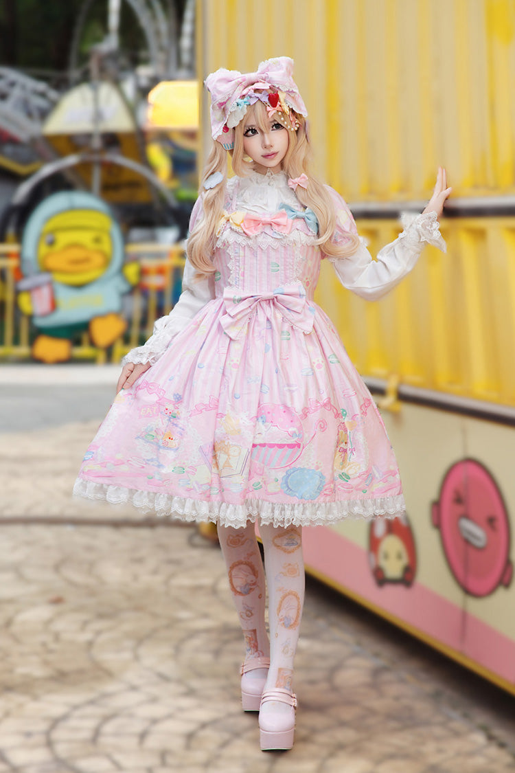 Pink Square Collar Lantern Sleeve Sweet Lolita Dress with Bow Print - Macarons Dolly House