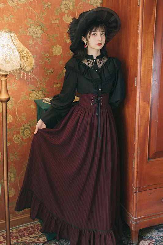 Black/Red High-Waisted Lace Skirt Set with Vintage Print