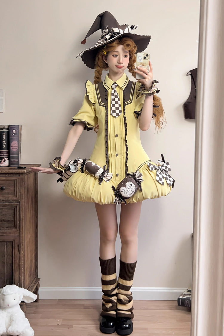 Brown/Yellow Witch and Paradise Short Sleeves Ruffle Bowknot Sweet Japanese Halloween Lolita Dress Vest Set