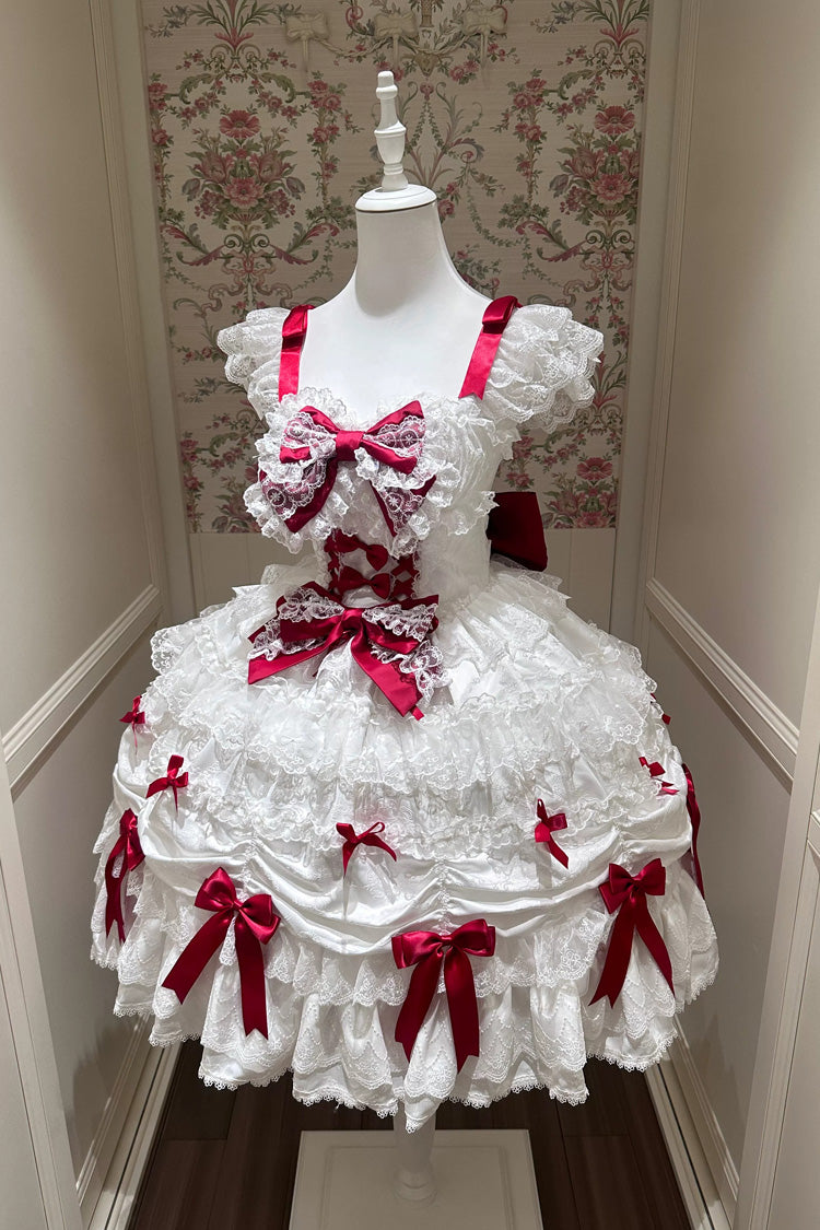 Ivory and Red Silk Gift Box Square Neck Sleeveless Layered Ruffled Bow Lace Sweet Lolita JSK