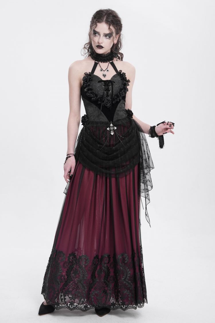 Elegant Black Rose Heart Lace Embroidered Sleeveless Halter Gothic Shirt