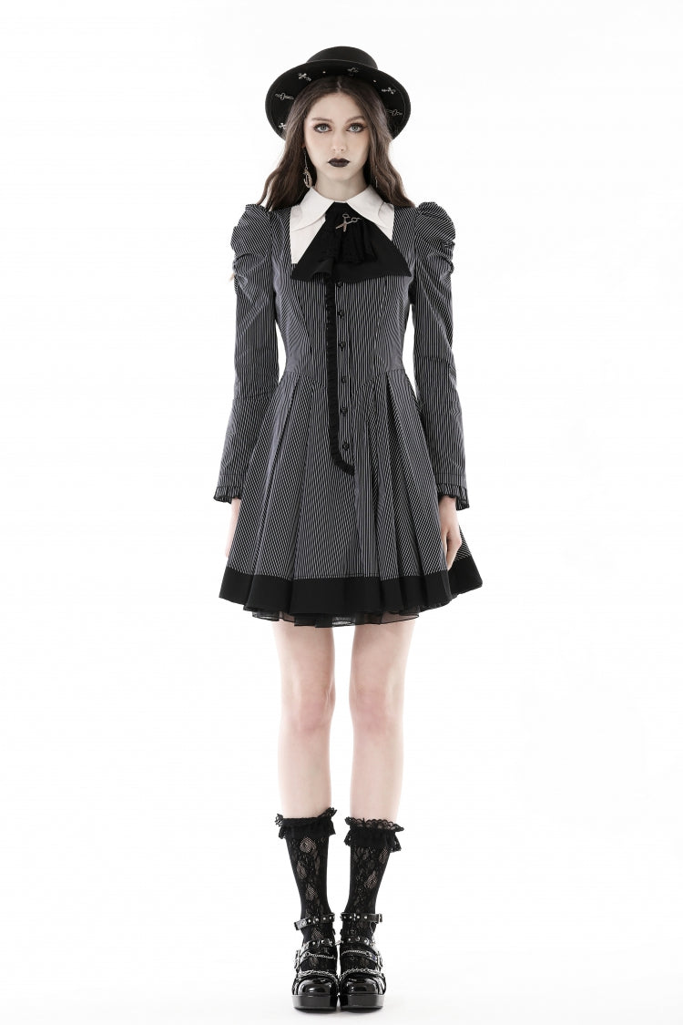 Lapel Collar Long Puff Sleeves Striped Preppy Gothic Dress