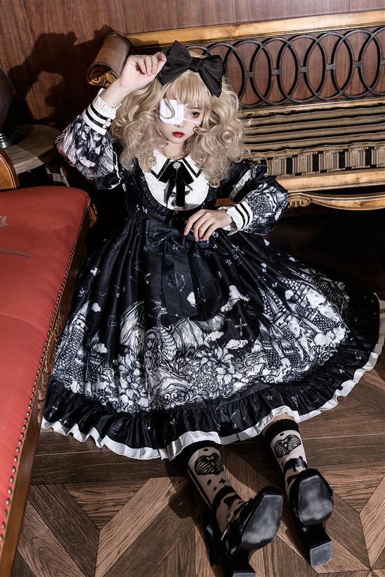 Long-Sleeve Ruffled Bow Gothic Dress in Black