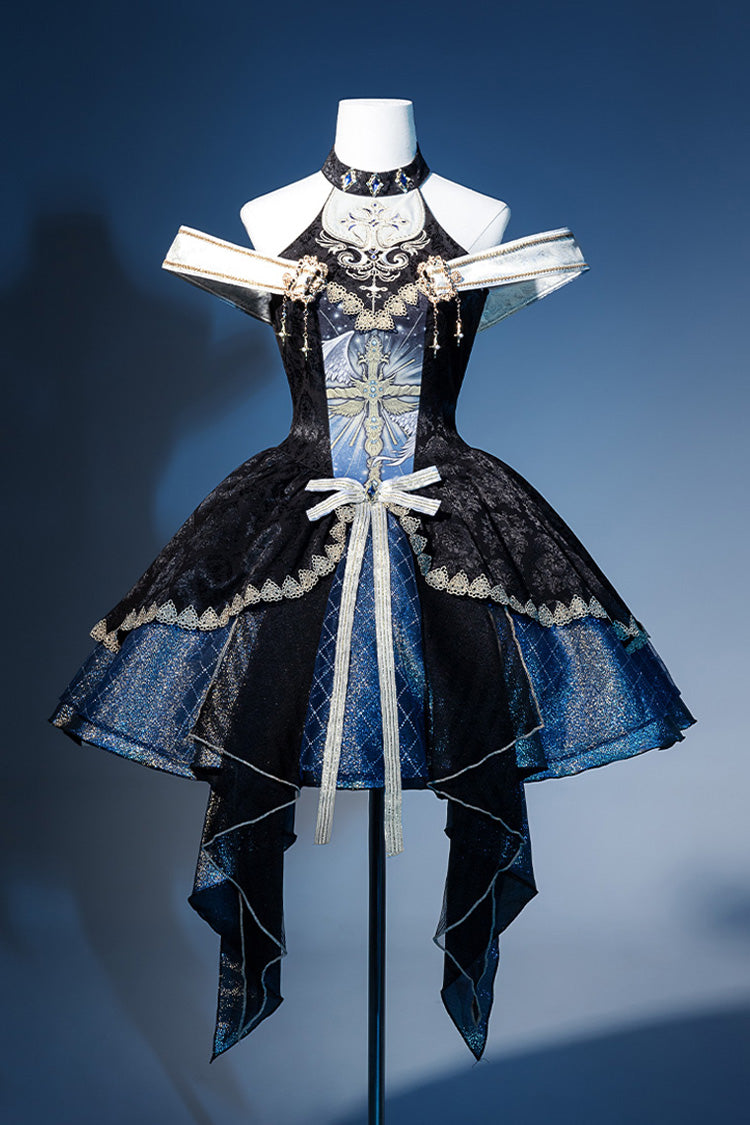 Black Blue Universe Off Shoulder Halterneck Sleeveless Embroidered Cardigan Gothic Princess Dress