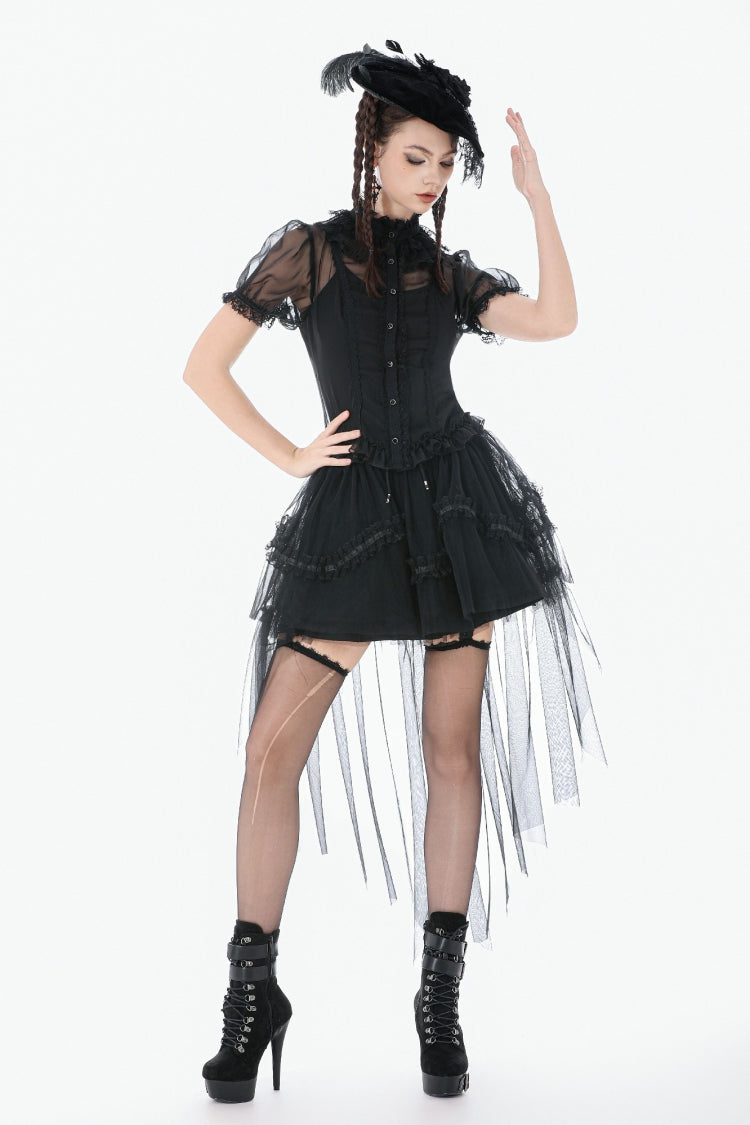 Courtly Gothic Blouse with Puff Sleeves and Lace, Black