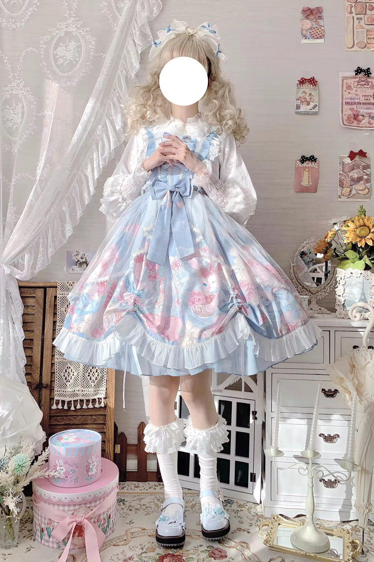 Azure High-Waist Rabbit-Print Sweet JSK with Ruffled Bow