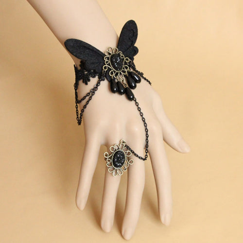 Gothic Lolita Retro Black Lace Ring and Bracelet Jewelry Set
