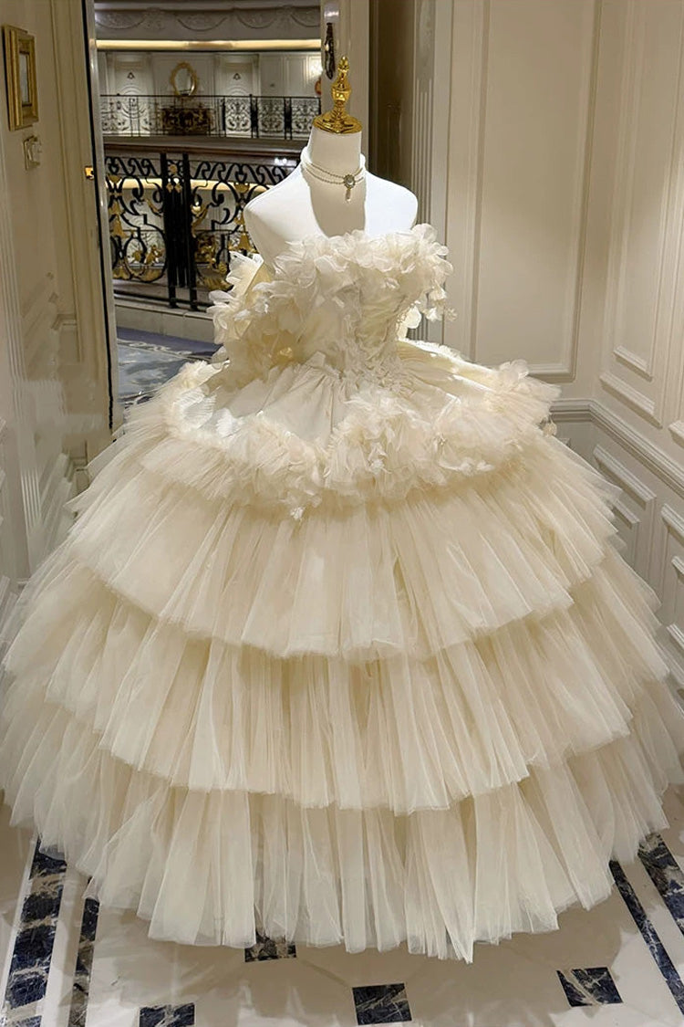 Apricot Sweet Lolita JSK Long Dress with Triple-Layer Ruffled Hanayome Bow Lace-Up and Sleeveless Design