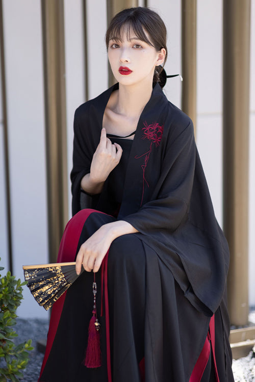 Crimson & Noir Song Dynasty Floral Embroidered Hanfu Set