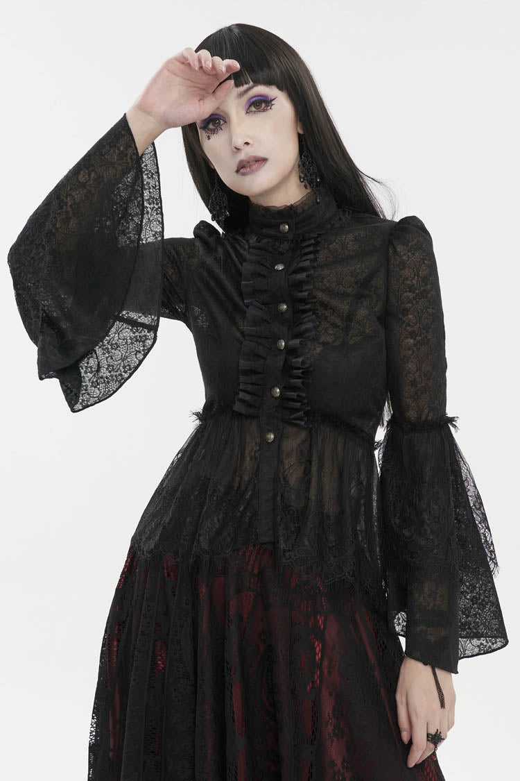 Gothic Round-Neck Flared-Sleeve Black Lace Women's Elegant Blouse