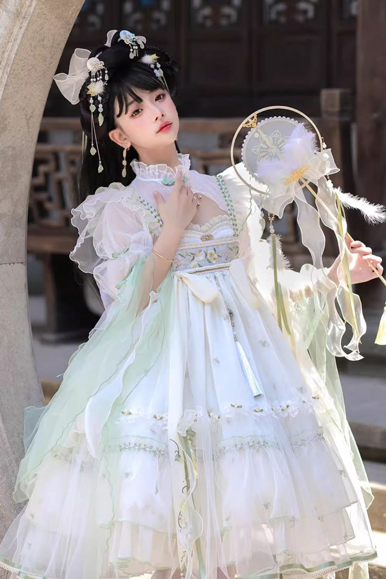 Cream Luo Ling Fu Embroidery Bow Lace Frilled Chinese Style Sweet Lolita JSK Dress