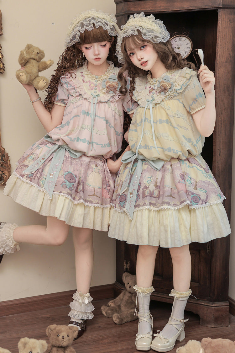 Brown Dollhouse Short Sleeves Bear Printed Ruffled Bow Sweet Lolita Dress Set - Pink