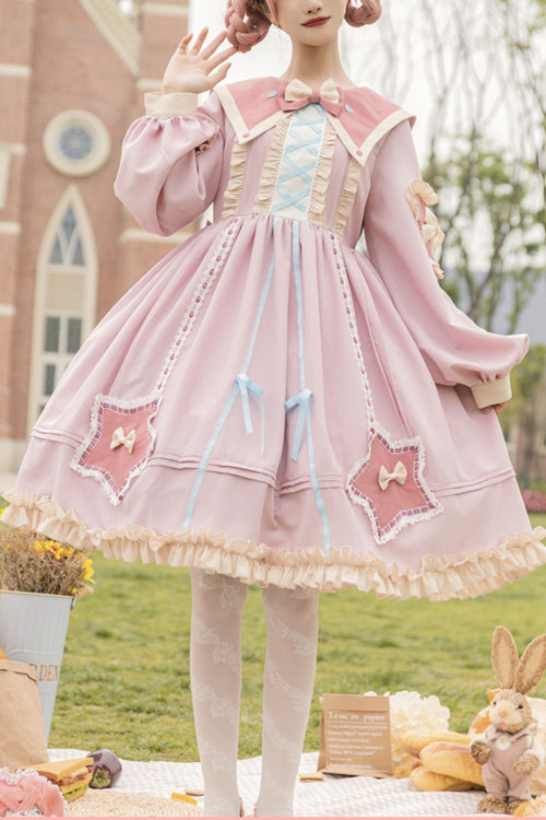 Pentagram Embroidered Lolita OP Dress - Chiffon Lantern Sleeve
