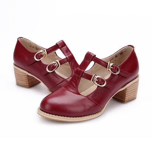 Vintage Wine-Red Mid-Heel Shoes with Double Buckles for Lolita