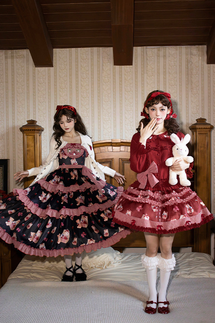 Blush Pink & White Berry Farm Print Long-Sleeve Layered Ruffled Sweet Lolita Gown