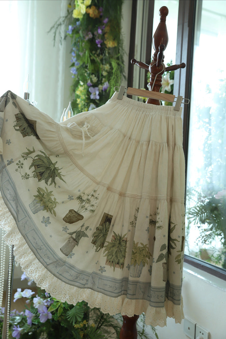 Cream Potted Plant Floral Frilled Sweet Lolita Skirt
