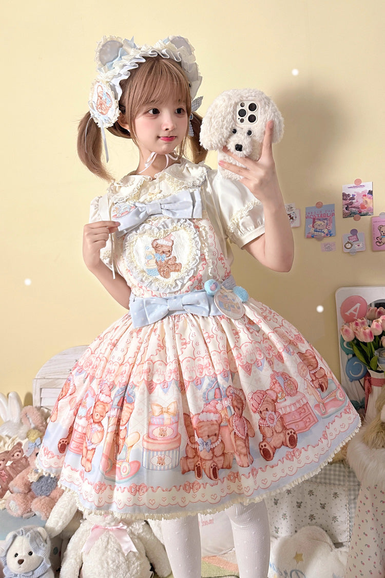 Bear Anniversary Celebration Sleeveless Printed Ruffled Bow Sweet Lolita Tank Dress Two Colors