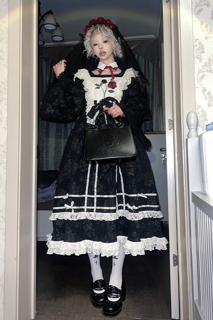 Black Double-Layered Ruffled Embroidered Bow Lace Gothic Nun Dress - Rose Choir