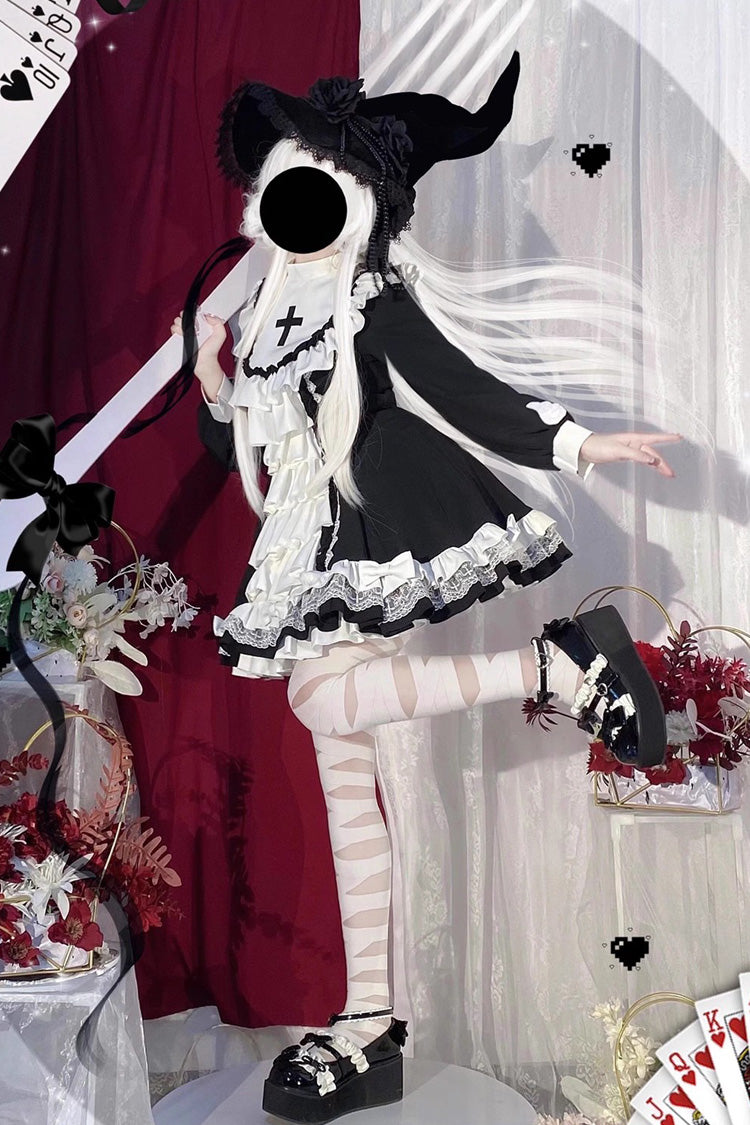 White/Black Long Sleeves Cross Print Nun Style Ruffle Multi-Layer Gothic Lolita Dress