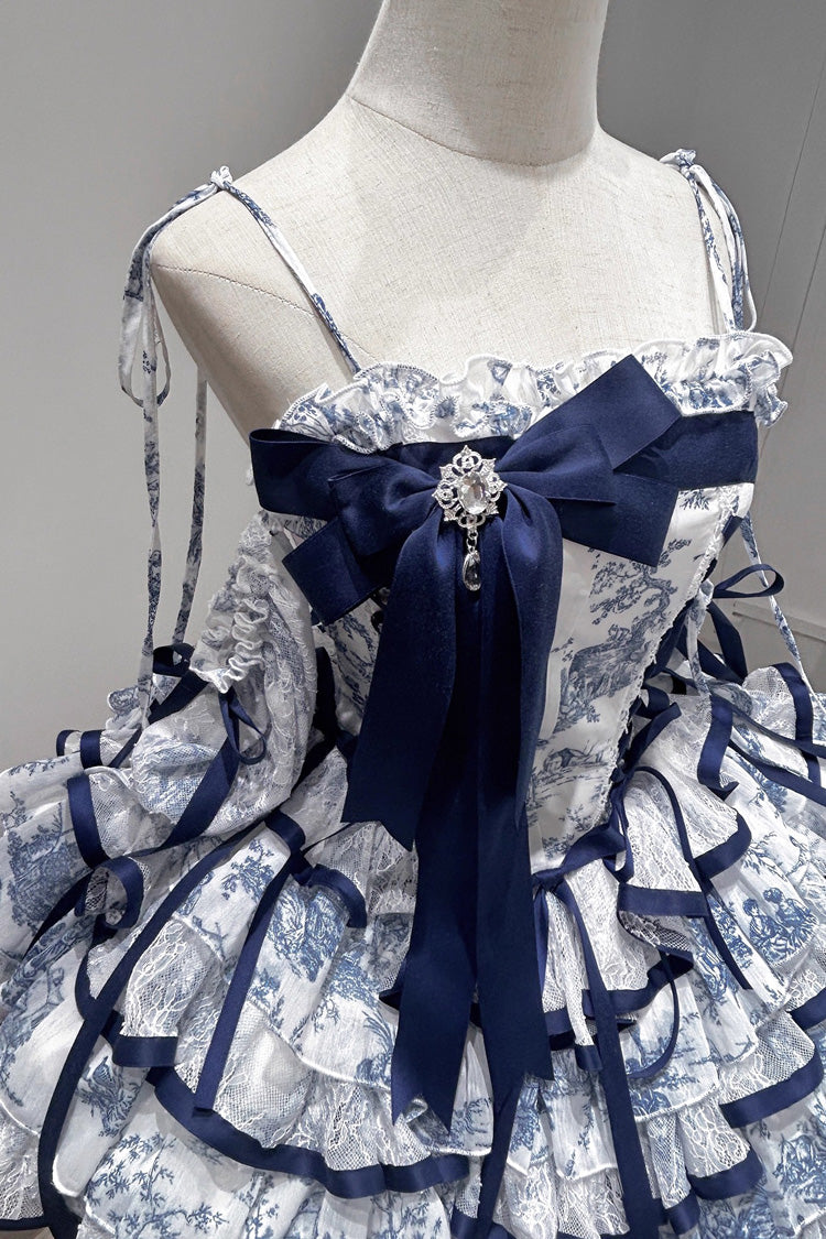Cerulean and Ivory Sleeveless Multi-Layer Bow Print Chinese Classic Sweet Lolita JSK Short Dress