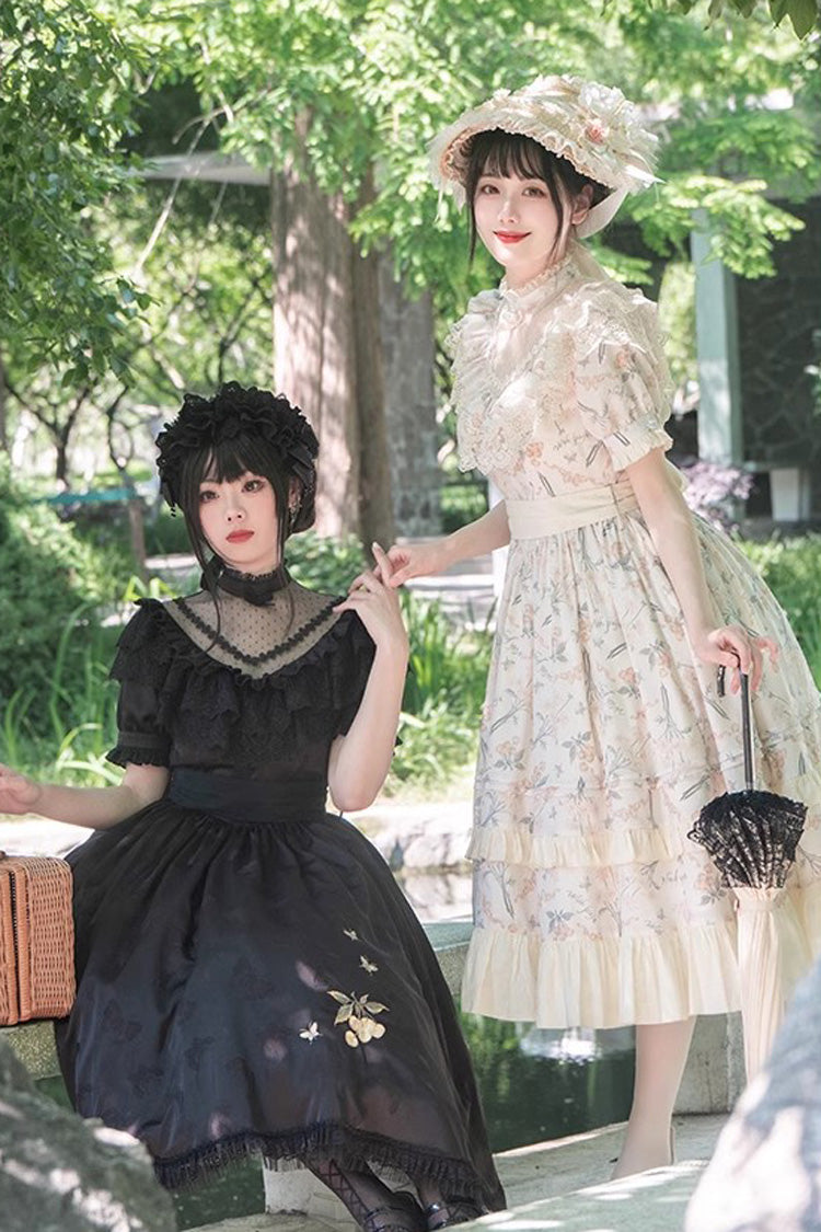 Black Daisy Print Gothic Dress with Cherry Embroidery